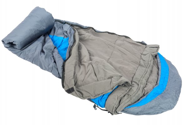 gray and blue sleeping bag open 